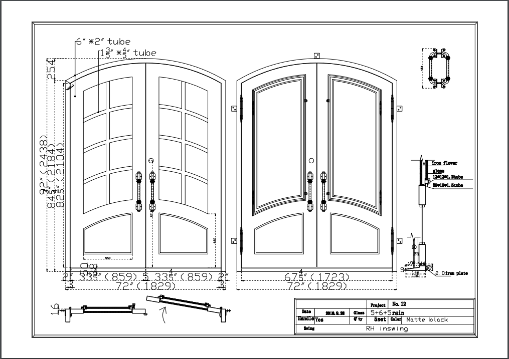 Iron Arched Top Glass-Panel Dual Door with Frame and Threshold - 206 x ...